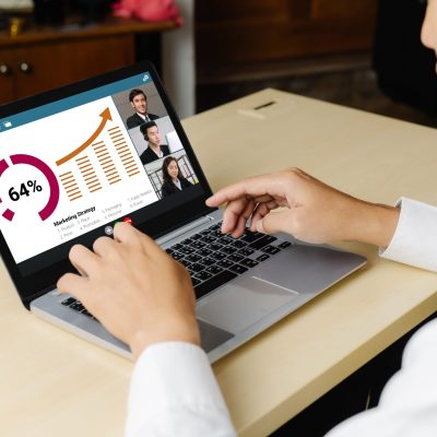 Video call business people meeting on virtual workplace or remote office. Telework conference call using smart video technology to communicate colleague in professional corporate business.